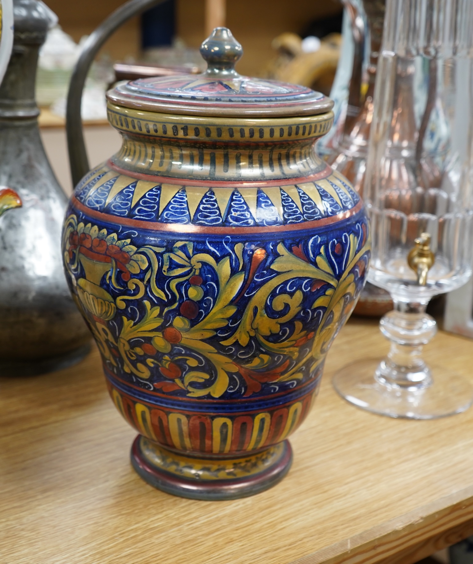 An Italian tin glazed pottery jar and cover, 30cm
